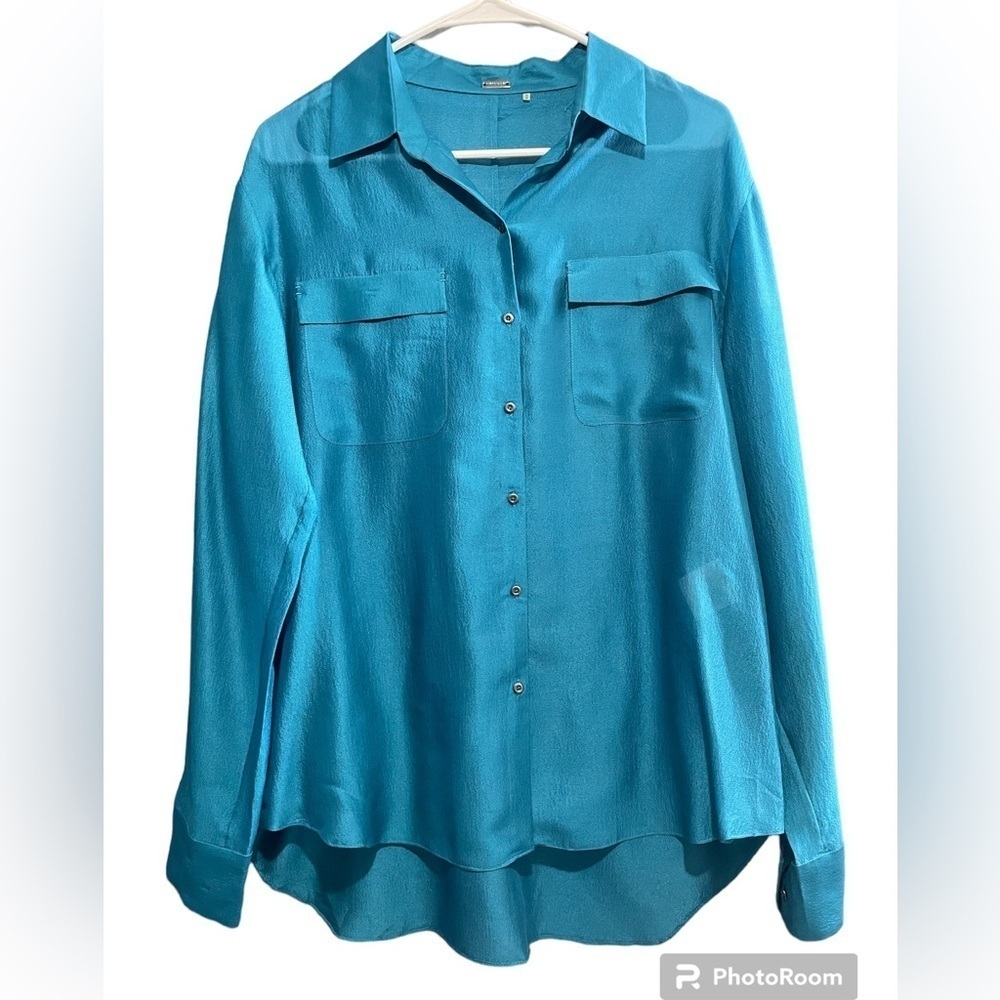 100% silk long sleeve shirt for women color blue size M Bottom Down top - Picture 1 of 9